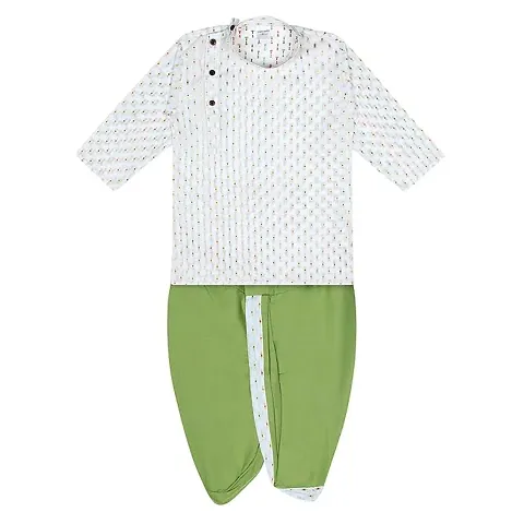 "superminis Boy's Kurta with Dhoti - Thread Work, Round Collar, Full Sleeves, Side Button Kurta Set for Ethnic Wear (White+Green, 3-6 Months)"