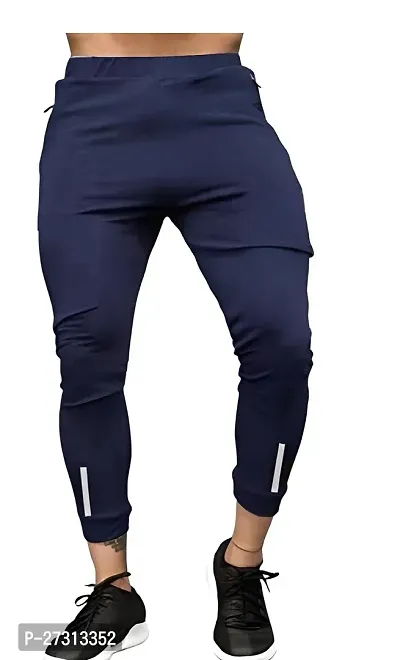 Stylish Blue Polyester Spandex Solid Regular Track Pants For Men