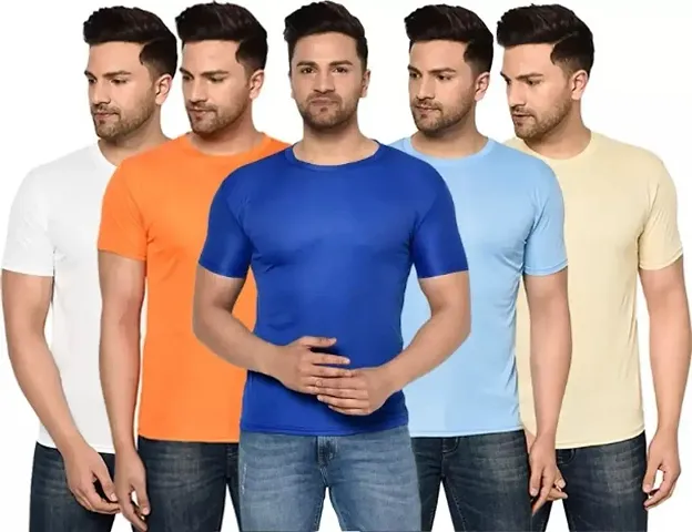 Elegant Polyester Solid Round Neck Tees For Men- Pack Of 5