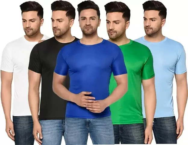 Trendy Elegant Polyester Solid Round Neck T-Shirt For Men- Pack of 5