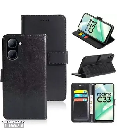 AllGuds Realme C33 Flip Case Leather Finish | Inside TPU with Card Pockets | Wallet Stand and Shock Proof | Magnetic Closing | Complete Protection Flip Cover (Black)