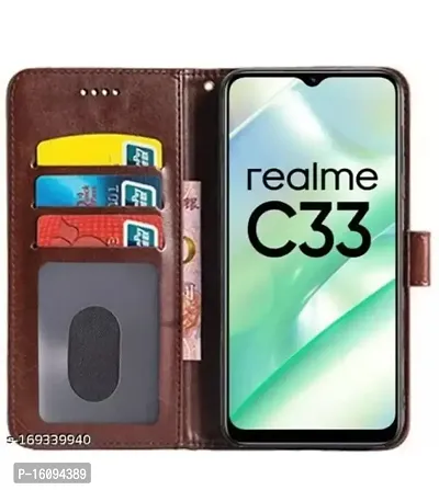 AllGuds Realme C33 Flip Case Leather Finish | Inside TPU with Card Pockets | Wallet Stand and Shock Proof | Magnetic Closing | Complete Protection Flip Cover (Brown)-thumb3