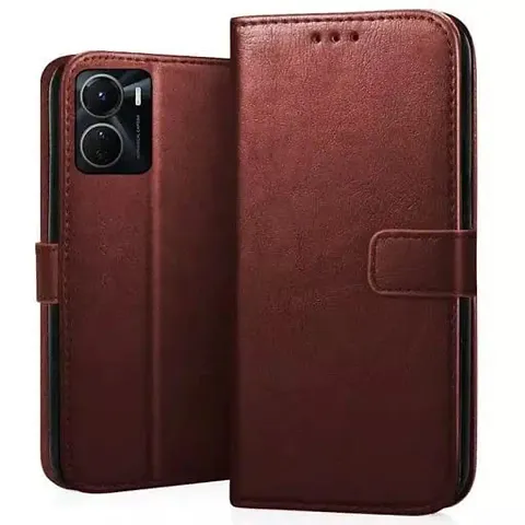 AllGuds Flip Cover Case for Vivo Y16 (Stitched Leather Finish | Magnetic Closure | Inner TPU | Foldable Stand | Wallet Card Slots (Brown)