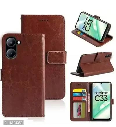 AllGuds Realme C33 Flip Case Leather Finish | Inside TPU with Card Pockets | Wallet Stand and Shock Proof | Magnetic Closing | Complete Protection Flip Cover (Brown)