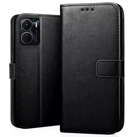 AllGuds Flip Cover Case for Vivo Y16 (Stitched Leather Finish | Magnetic Closure | Inner TPU | Foldable Stand | Wallet Card Slots (Black)