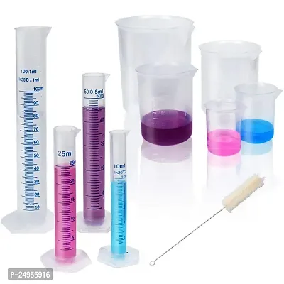 SPYLX Plastic Lab Equipment Kit Including 10,25,50,100,250ml Measuring Cylinder 50,100,250,500,1000ml Measuring Beaker and One Cleaning Brush