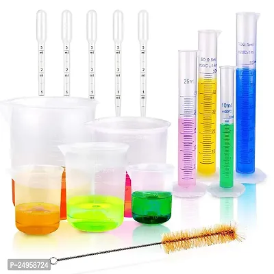 SPYLX Plastic Lab Equipment Kit Including 10,25,50,100ml Measuring Cylinder 50,100,250,500,1000ml Measuring Beaker, 5pc. of Plastic Droppers and a One Cleaning Brush