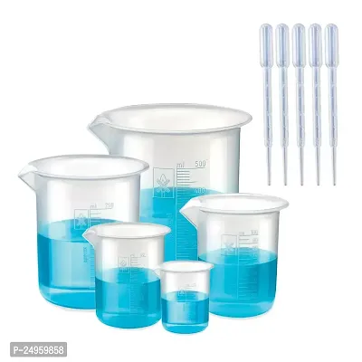 Spylx Polypropylene Low Form Measuring Beaker Graduated Polypropylene in 500 ml, 250 ml, 100 ml, 50 ml, 25 ml for School Collage Chemistry lab Laboratory with 5 Droppers in 3 ml Pack of 10