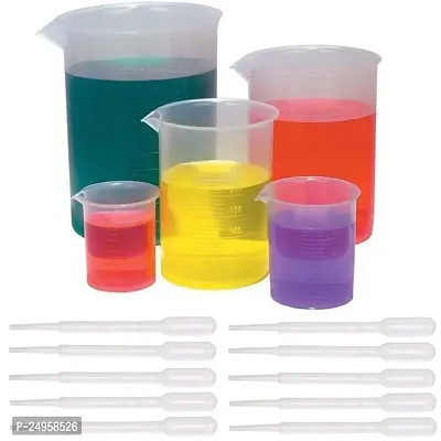 Spylx 5 Sizes Plastic Beakers Measuring Cups Set(50, 100, 250, 500, 1000ML) and Clear 3ml 10 Dropper Graduated Transfer Pack of 15