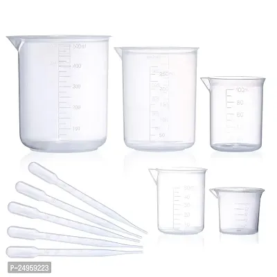 SPYLX Plastic Beaker Set, 5 Sizes Low Form Measuring Graduated Beakers in 500 ml, 250 ml, 100 ml, 50 ml, 25 ml for Laboratory,  Science Experiments with 5 Plastic Droppers in 3 ml