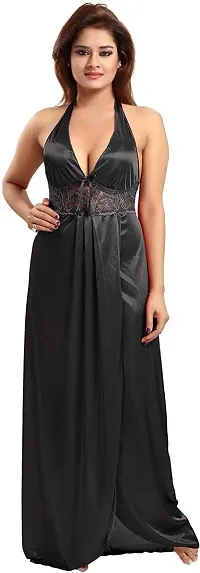 RangMor Unit of Shagun traders Women's Satin Nighty/Nightgown/Nightshirt (Black,Free) (VN Nighty015_Black)