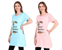 Trike Women's Long Printed Cotton Round Neck Half Sleeve Ladies T-Shirt Combo Pack of 2-thumb2