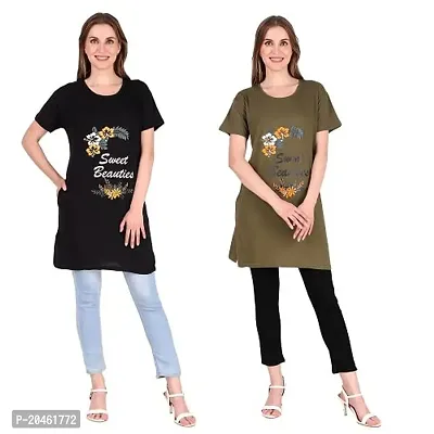 Trike Women's Long Printed Cotton Round Neck Half Sleeve Ladies T-Shirt Combo Pack of 2-thumb3