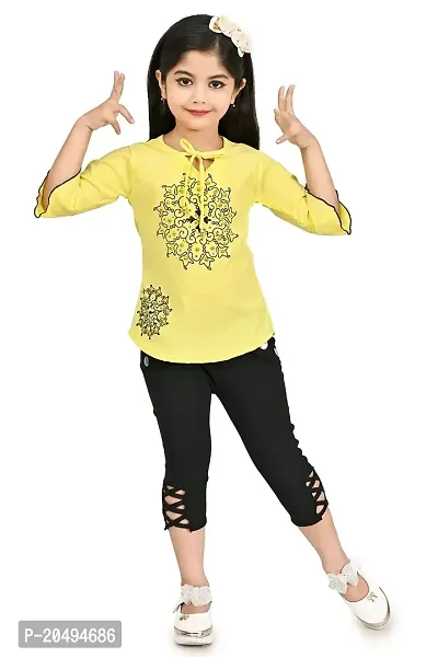 Roop Fashion Crepe Casual Printed Top  Pant Set for Girls Kids - Yellow, 6-7 years-thumb0