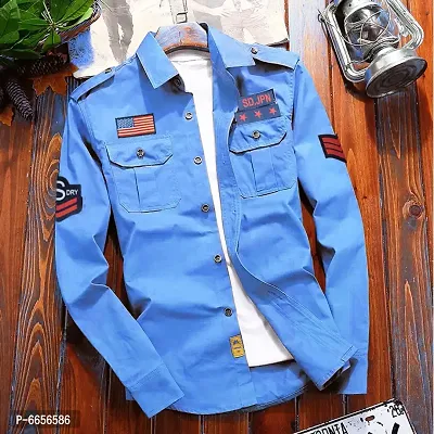 Stylish Cotton Sky Blue Cargo Designer Full Sleeve Shirt Only