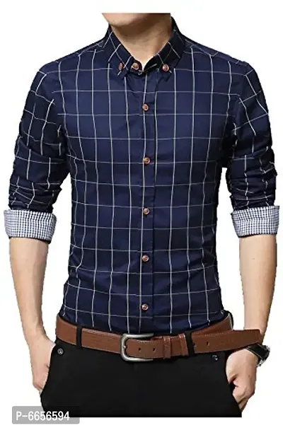 Stylish Cotton Navy Blue Checked Casual Shirt For Men