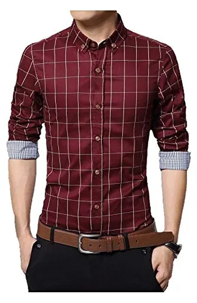 Mens Cotton Long Sleeves Checked Slim Fit Casual Shirt