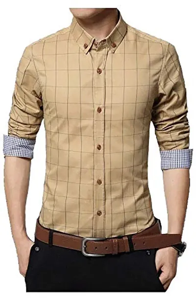 Mens Cotton Long Sleeves Checked Slim Fit Casual Shirt