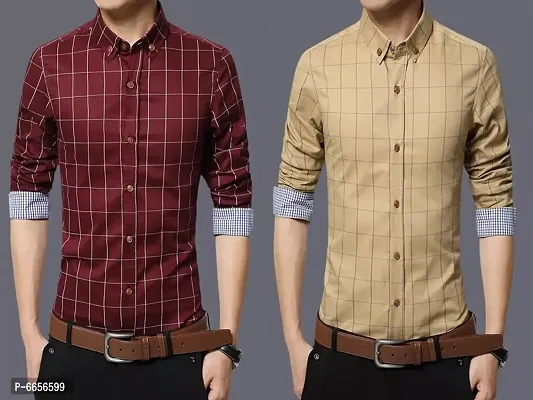 Stylish Cotton Yellow And Maroon Checked Casual Shirt For Men- Pack Of 2-thumb0