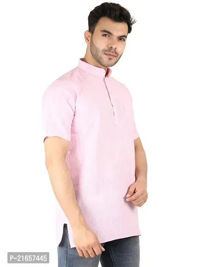 LatestPlus Apparel Cotton Blend Fabric Solid Short Sleeve Men Kurta |Pink, Size: XL-thumb3