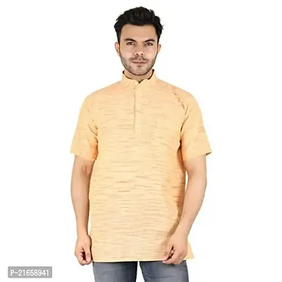 LatestPlus Apparel Cotton Blend Fabric Solid Short Sleeve Kurta for Men |Yellow, Size: L