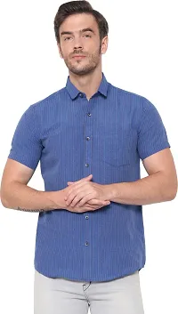 Comfortable Blue Cotton Blend Short Sleeves Casual Shirt For Men-thumb2