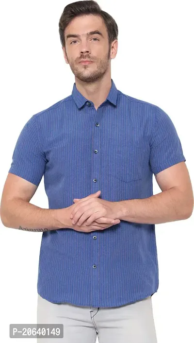 Comfortable Blue Cotton Blend Short Sleeves Casual Shirt For Men-thumb3