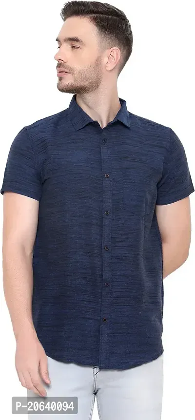 Comfortable Blue Cotton Blend Short Sleeves Casual Shirt For Men-thumb0