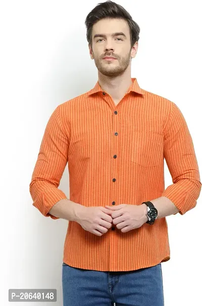 Comfortable Orange Cotton Blend Three-Quarter Sleeves Casual Shirt For Men