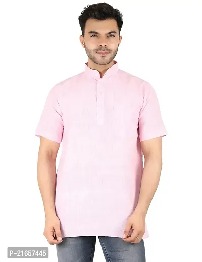 LatestPlus Apparel Cotton Blend Fabric Solid Short Sleeve Men Kurta |Pink, Size: XL-thumb0