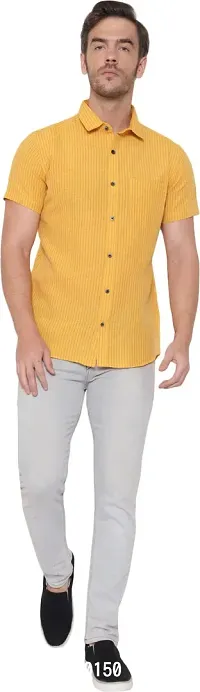 Comfortable Yellow Cotton Blend Short Sleeves Casual Shirt For Men-thumb0