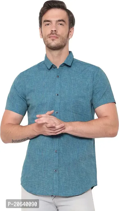 Comfortable Blue Cotton Blend Short Sleeves Casual Shirt For Men