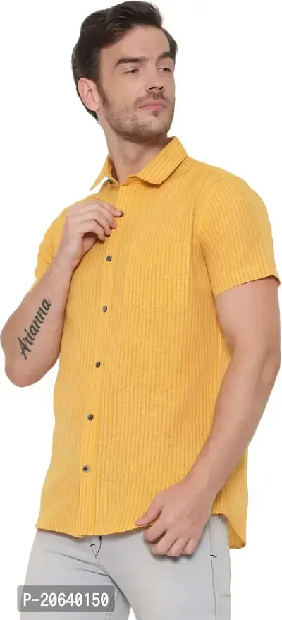 Comfortable Yellow Cotton Blend Short Sleeves Casual Shirt For Men-thumb3