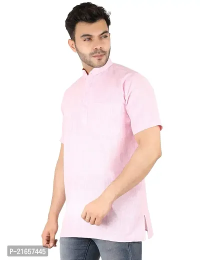 LatestPlus Apparel Cotton Blend Fabric Solid Short Sleeve Men Kurta |Pink, Size: XL-thumb2