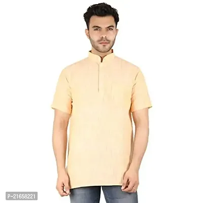 LatestPlus Apparel Cotton Blend Fabric Solid Short Sleeve Men Kurta |Yellow, Size: M