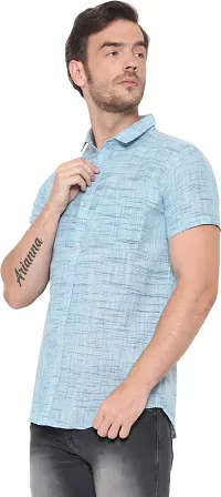 Comfortable Blue Cotton Blend Short Sleeves Casual Shirt For Men-thumb2