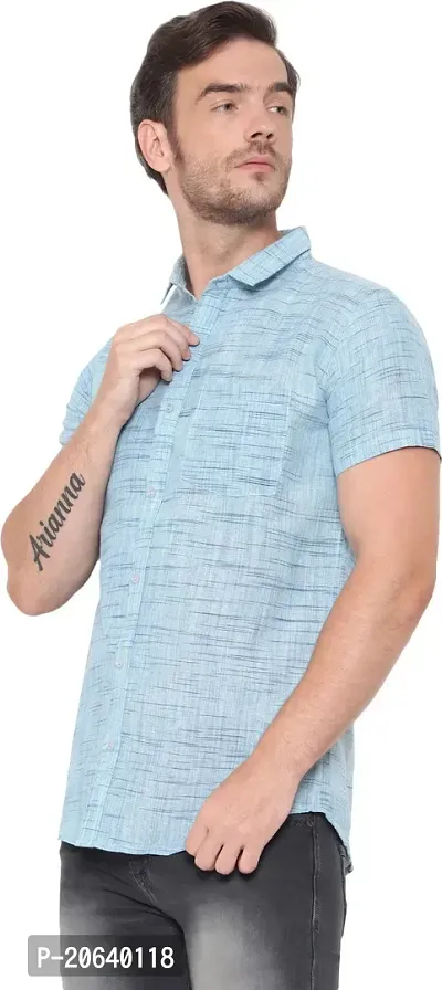 Comfortable Blue Cotton Blend Short Sleeves Casual Shirt For Men-thumb3