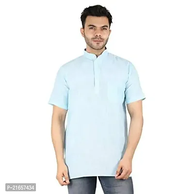 LatestPlus Apparel Cotton Blend Fabric Solid Short Sleeve Men Kurta |Blue, Size: M-thumb0