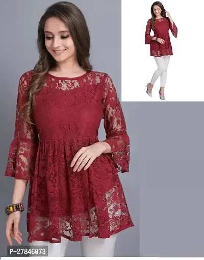 Elegant Maroon Net Embroidered Top For Women-thumb0