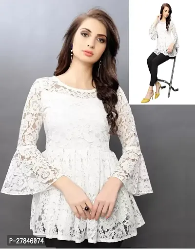 Elegant White Net Embroidered Top For Women