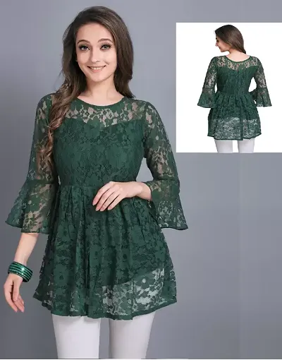 Elegant Green Net Embroidered Top For Women