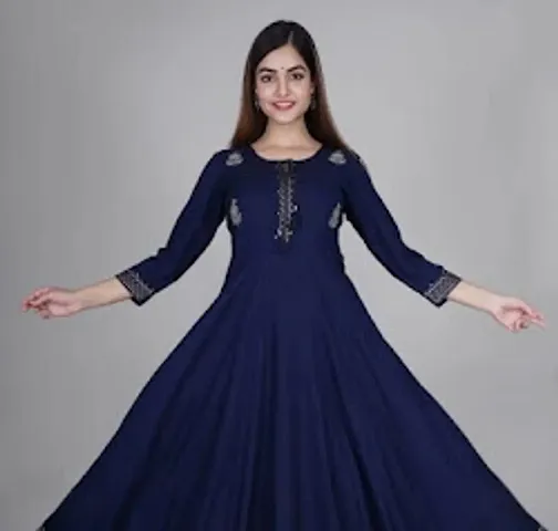 D S Enterprises Womens Border Embroidered Rayon Anarkali Kurta Gown/Embroidered Anarkali Kurta for Wedding/Solid Anarkali Kurta for Women/Flared Anarkali Gown for Women