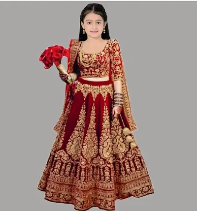 Tranditional Velvet Embroidered Semi Stitched Lehenga Cholis With Dupatta For Baby Girls