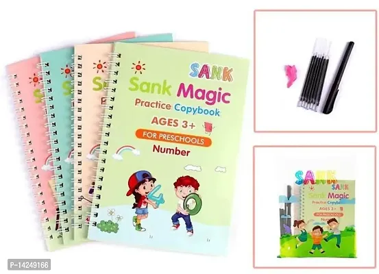 Magic Practice Copybook (4 Books,10 Refill), Number Tracing Book for Preschoolers with Pen, Magic Calligraphy Copybook Set Practical Reusable-thumb0