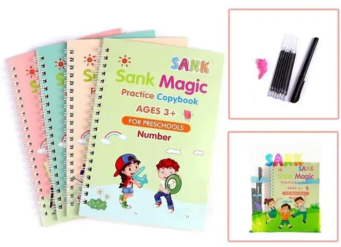 Magic Practice Copybook (4 Books,10 Refill), Number Tracing Book for Preschoolers with Pen, Magic Calligraphy Copybook Set Practical Reusable