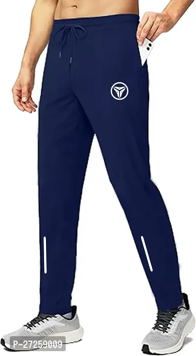 Stylish Navy Blue Polyester Spandex Solid Regular Fit Regular Track Pants For Men-thumb0