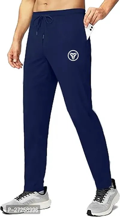 Stylish Navy Blue Polyester Spandex Solid Regular Fit Regular Track Pants For Men