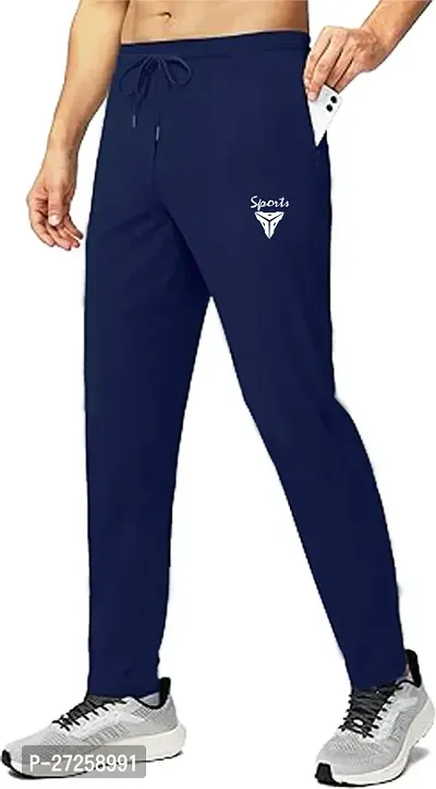 Stylish Navy Blue Polyester Spandex Solid Regular Fit Regular Track Pants For Men