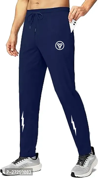 Stylish Navy Blue Polyester Spandex Solid Regular Fit Regular Track Pants For Men