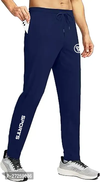 Stylish Navy Blue Polyester Spandex Solid Regular Fit Regular Track Pants For Men-thumb0